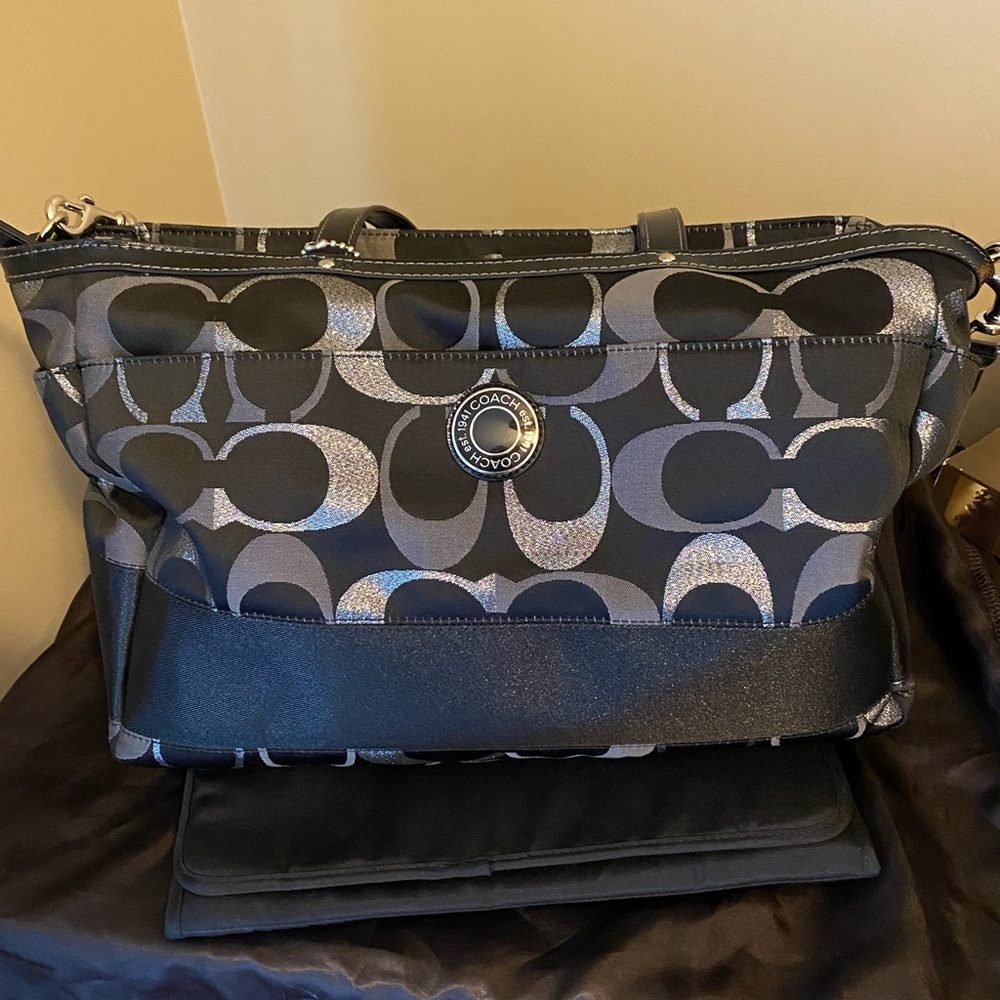 Coach diaper bag.  Excellent condition. I used it as a carry on.  No stains.
